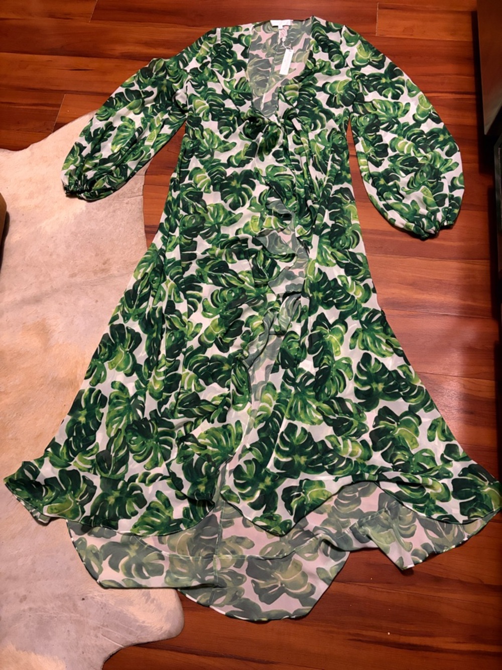 Caroline Constas Charlize Coverup White Green Palm Leaf Print Sz L NWT $650